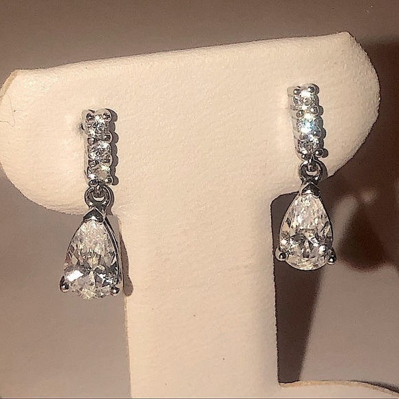 STERLING Silver White Cz Pear Shape Drop Stud Earrings 15mm Total Length - Picture 2 of 9